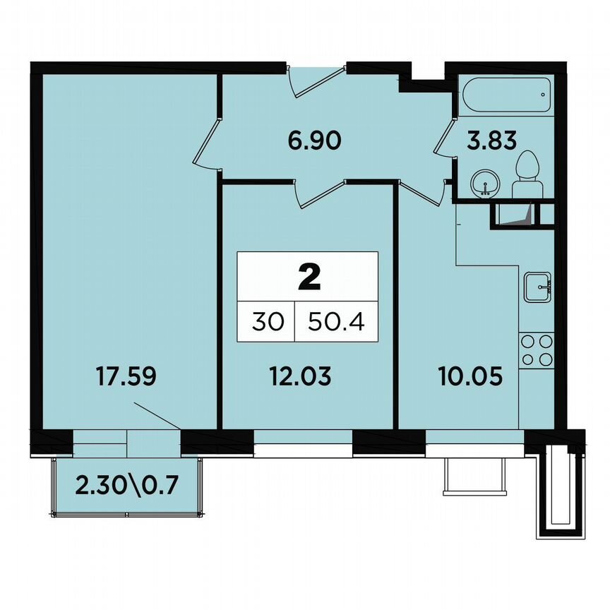 2-к. апартаменты, 50,4 м², 3/18 эт.