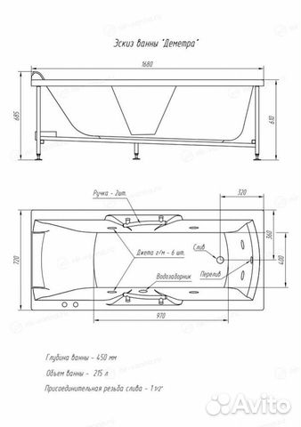 Ванна Деметра 1680*720 акриловая