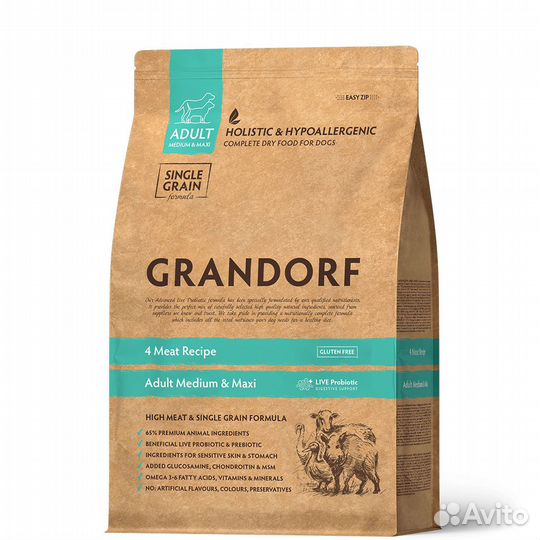 Grandorf сухой корм д/собак, 4 вида мяса, 1 кг