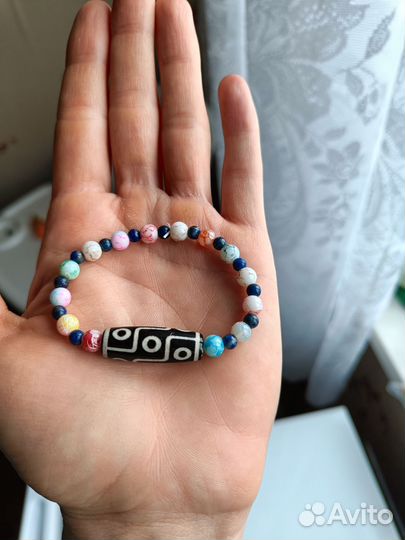 Браслет, бусина дзи, лазурит, нефрит