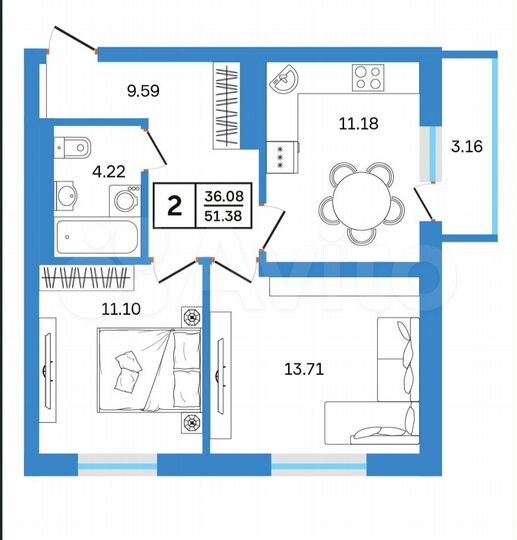 2-к. квартира, 51,4 м², 10/25 эт.