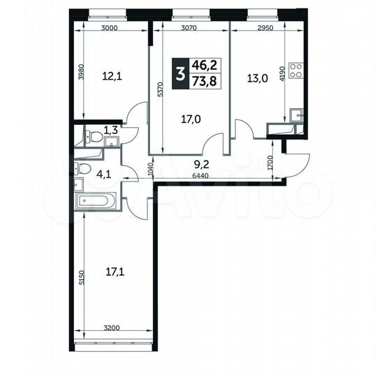 3-к. квартира, 73,8 м², 11/17 эт.