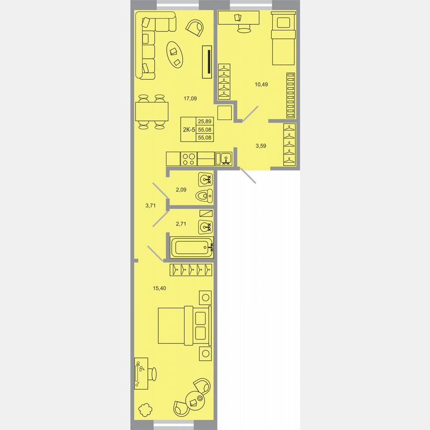 2-к. квартира, 55,1 м², 4/17 эт.