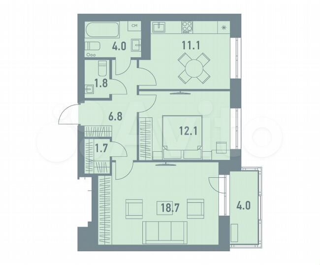 2-к. квартира, 57,4 м², 6/8 эт.