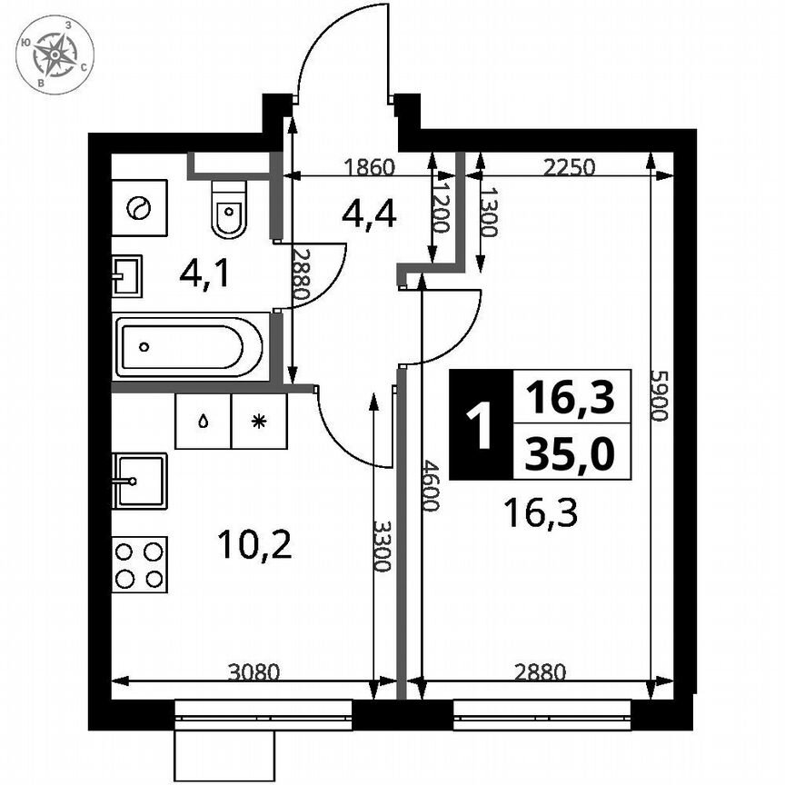 1-к. квартира, 35 м², 5/16 эт.