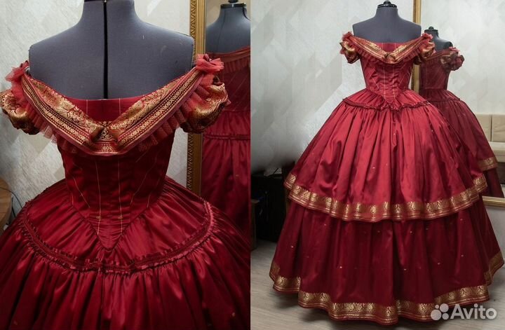 Красное и чёрное бальное историческое платье прока