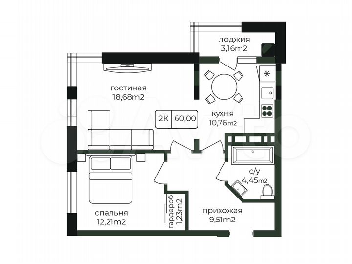 2-к. квартира, 60 м², 5/9 эт.