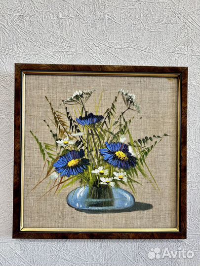 Комплект картин маслом, натюрморт с цветами, лён