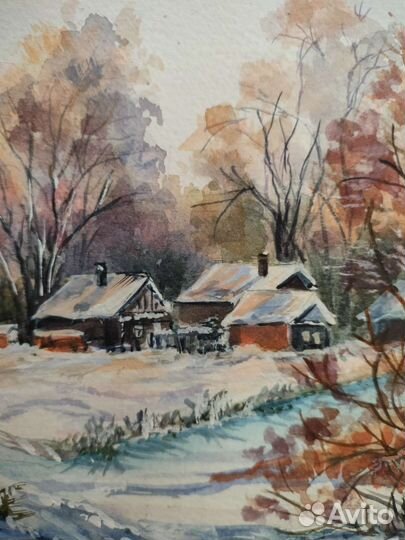 Картина акварелью. Пейзаж. Зима. 21х30 см