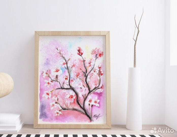 Картина акварелью. Сакура