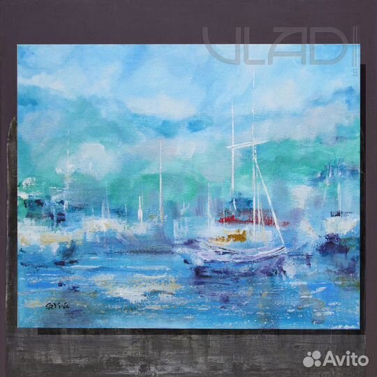 Картина маслом море лодки яхты причал берег лето