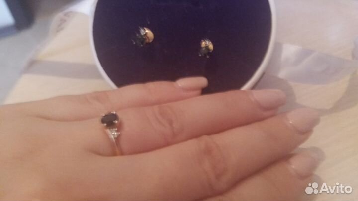 Комплект сапфир с бриллиантами, кольцо и серьги