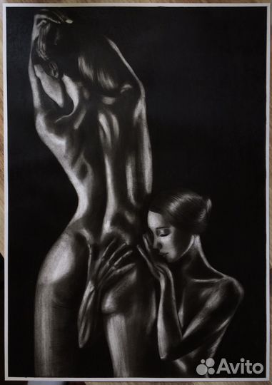 Картина уголь бумага 42х60см А2 девушки ню
