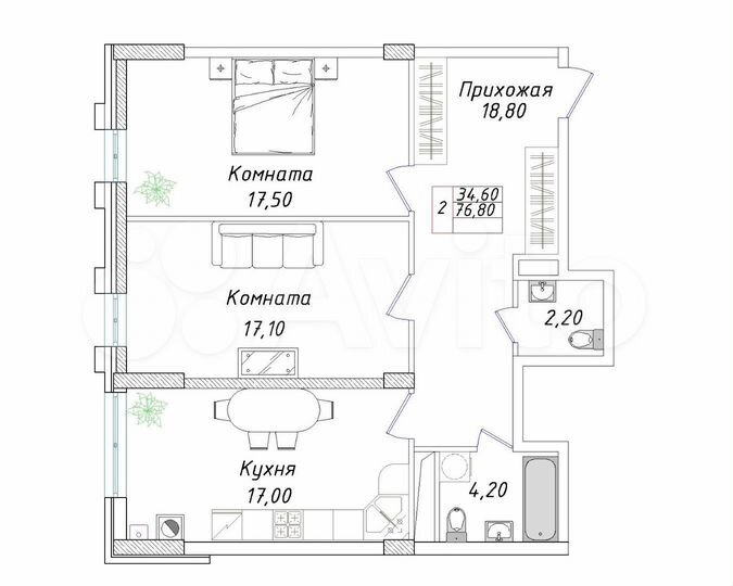 2-к. квартира, 76,8 м², 4/8 эт.