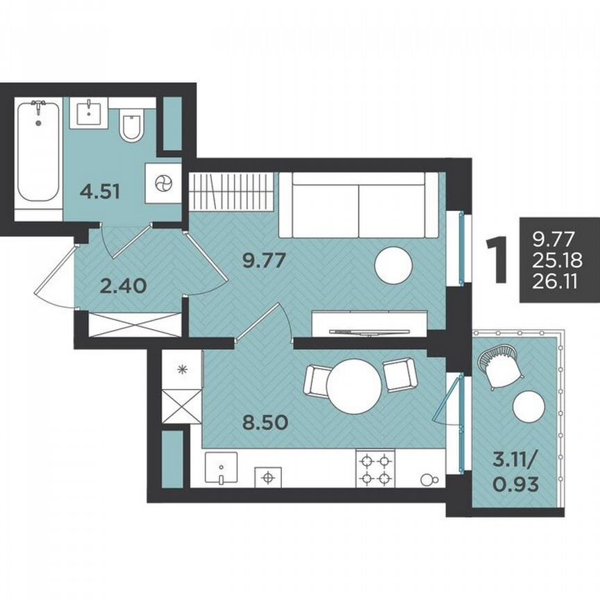 1-к. квартира, 26,1 м², 4/4 эт.