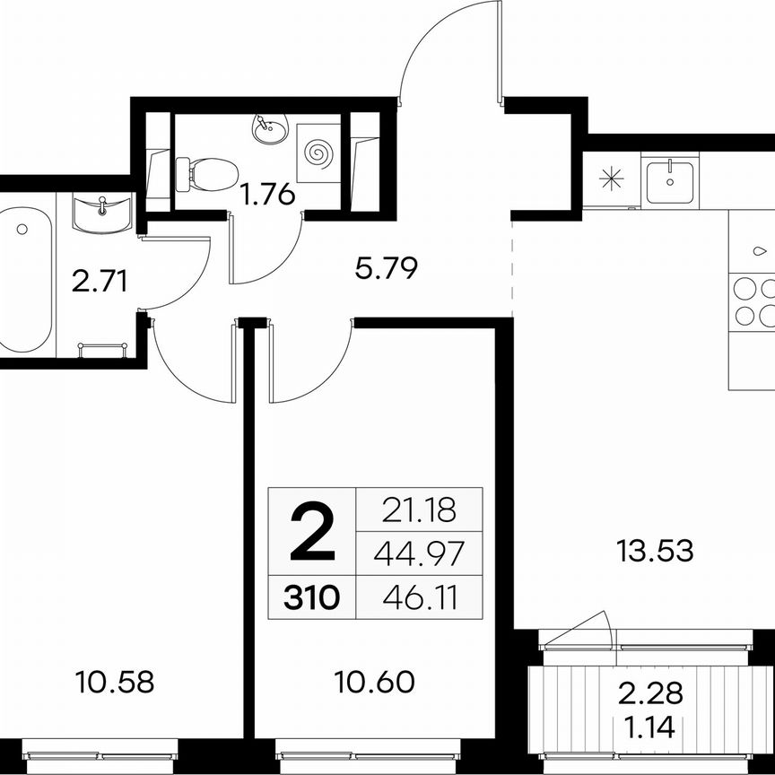 2-к. квартира, 46,1 м², 5/9 эт.