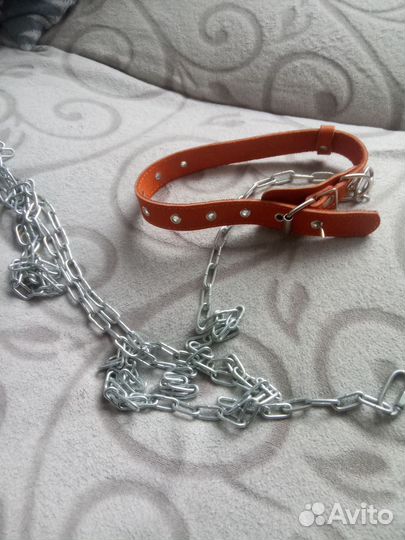Ошейник с цепочкой из натуральной кожи