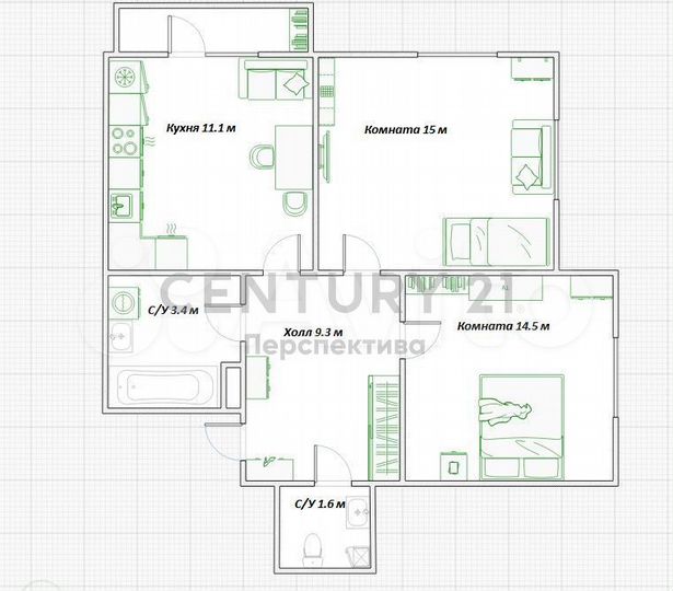 2-к. квартира, 57,3 м², 3/17 эт.