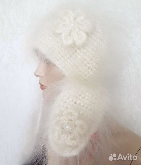 Шапка ушанка пуховая вязаная Ручная работа