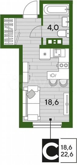 Квартира-студия, 22,6 м², 4/16 эт.