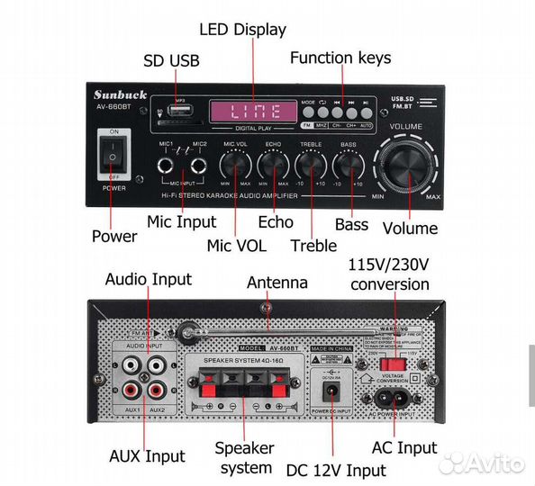 Усилитель Sunbuck AV-660BT c Bluetooth,USB,караоке