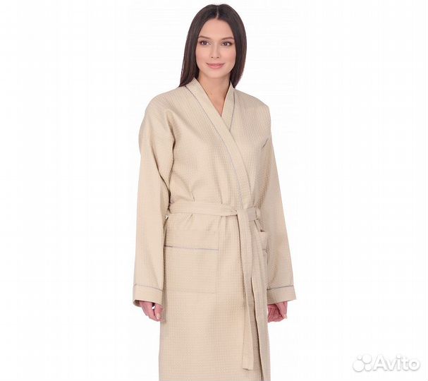 Халат вафельный Home One с кантом бежевый 56
