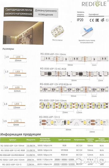 Светодиодная лента. Redigle. 15,5 Вт/м