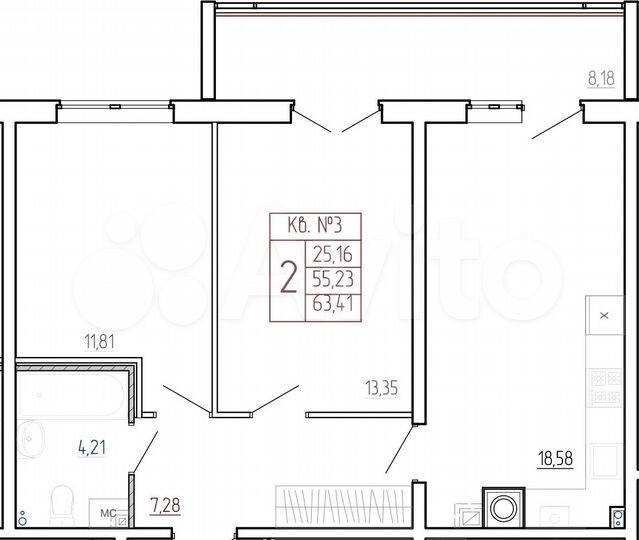 2-к. квартира, 63,4 м², 1/9 эт.