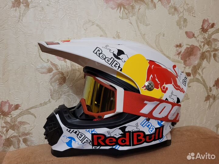 Мото Шлем с очками Кроссовый RedBull Новый Белый