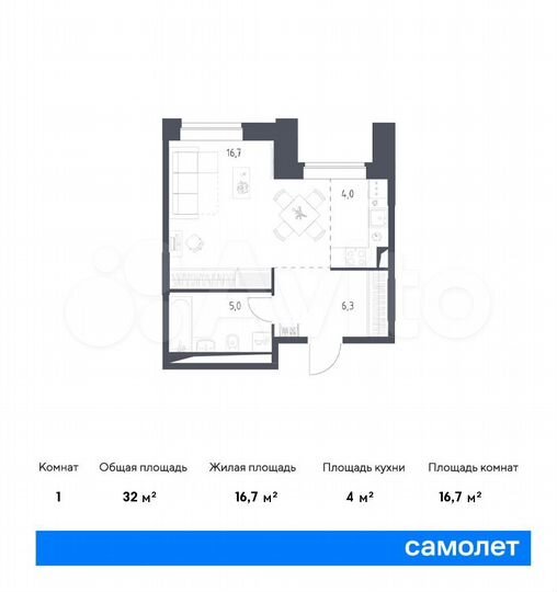Апартаменты-студия, 32 м², 1/9 эт.