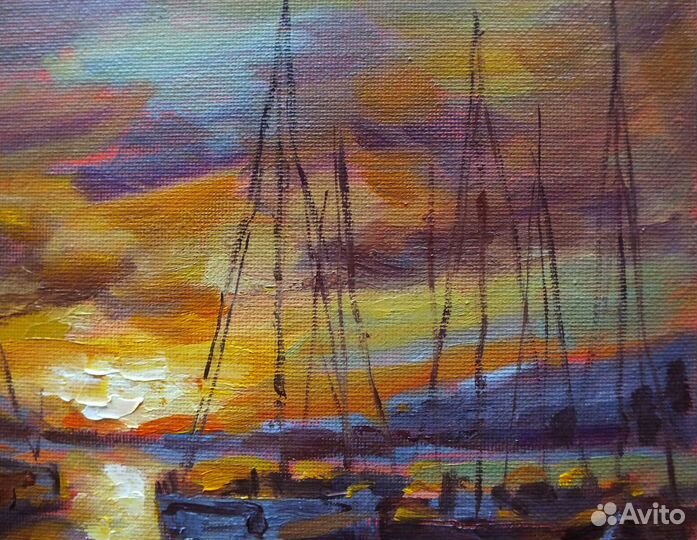 Картина маслом морской пейзаж, закат, яхты 20х20