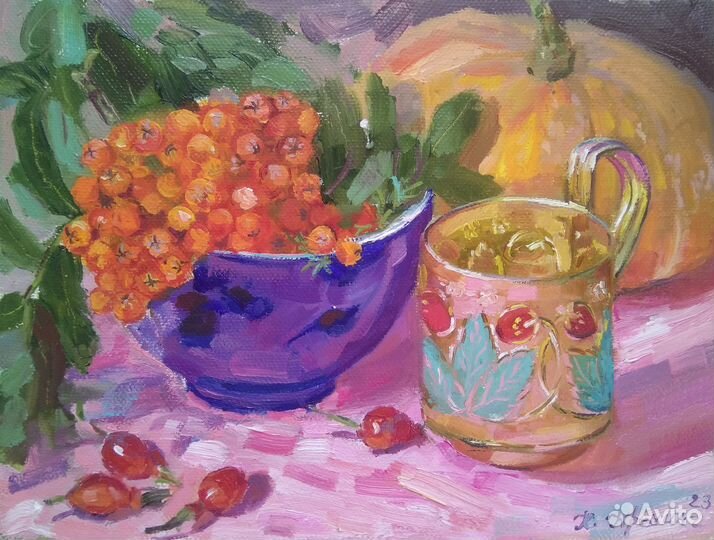 Картина маслом на холсте рябина и тыква, натюрморт