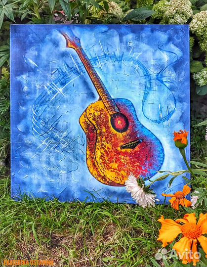 Картина 80х80 см. масло, холст. Гитара Музыка