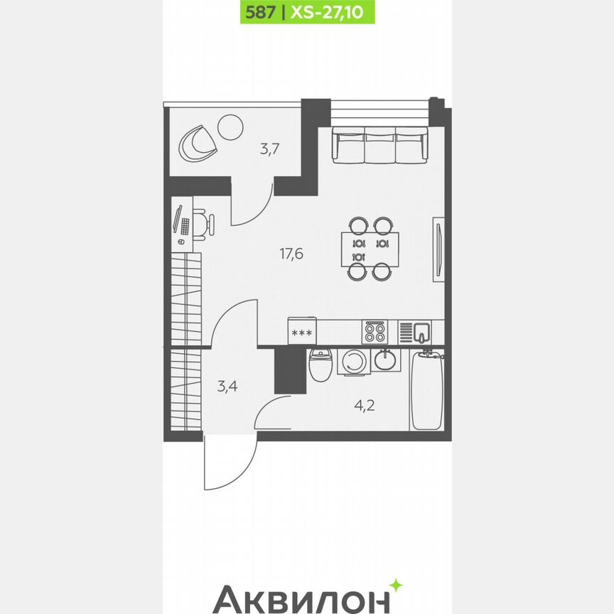 Квартира-студия, 27,1 м², 9/12 эт.