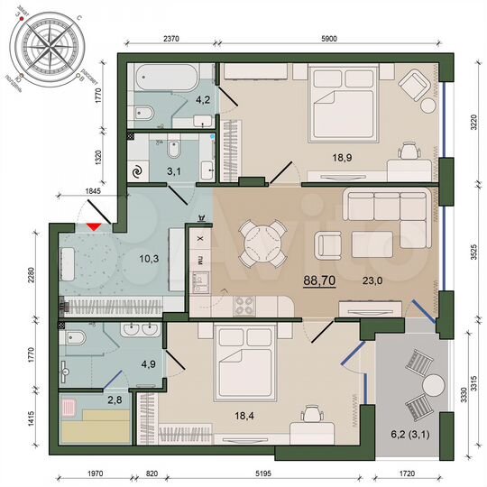 2-к. квартира, 88,7 м², 3/10 эт.