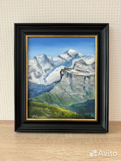 Картина маслом «Солнце в горах», в раме