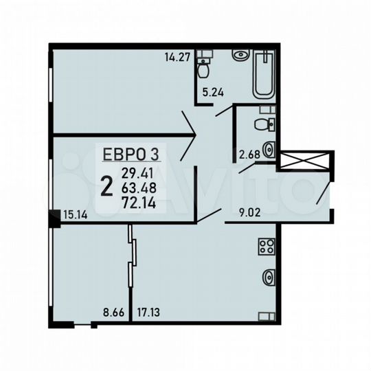 2-к. квартира, 72,1 м², 14/25 эт.