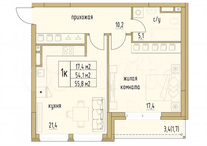 1-к. квартира, 55,8 м², 3/6 эт.