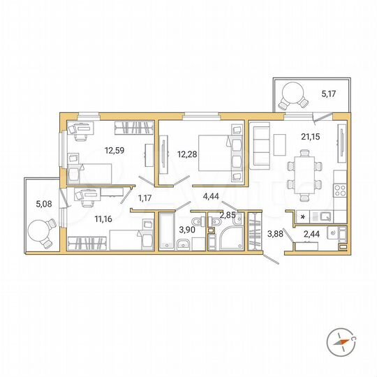 3-к. квартира, 78,9 м², 9/9 эт.