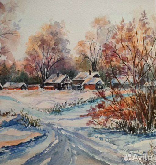 Картина акварелью. Пейзаж. Зима. 21х30 см