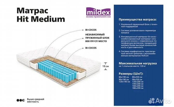 Матрас пружинный mildex Hit Medium 140х200 см