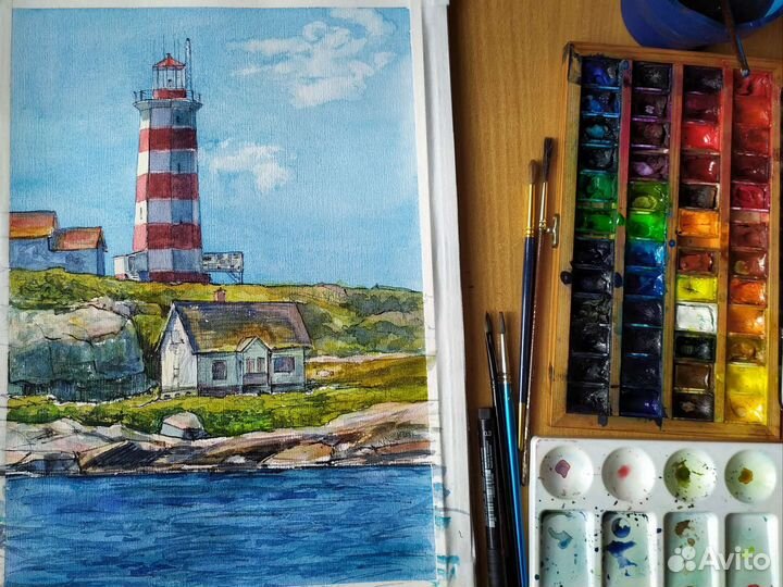 Картина акварель маяк море побережье