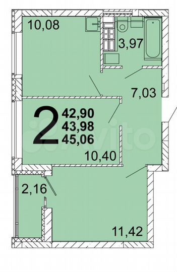 2-к. квартира, 45,1 м², 6/9 эт.