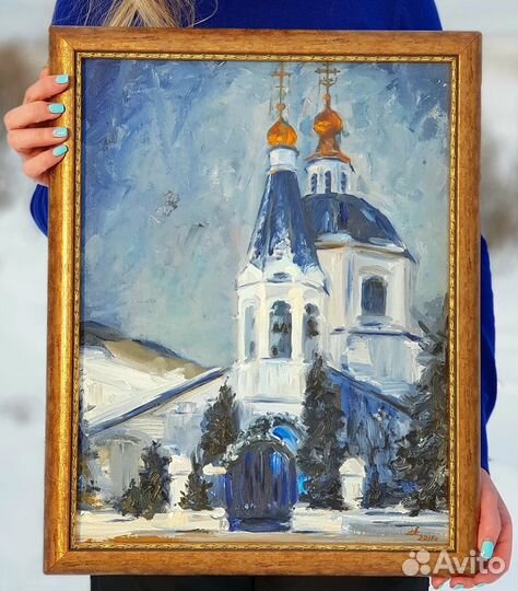 Картина маслом на холсте Зимний пейзаж с храмом