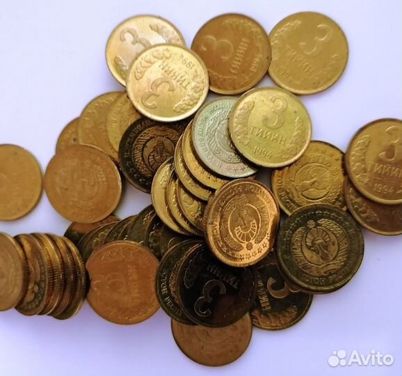 Узбекские монеты 1,3 и 5 тийин 1994г плюс банкноты