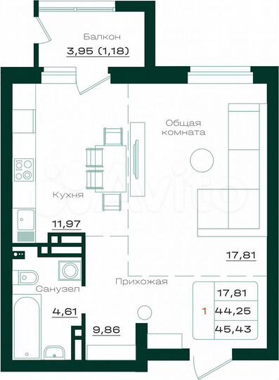 1-к. квартира, 45,4 м², 16/17 эт.