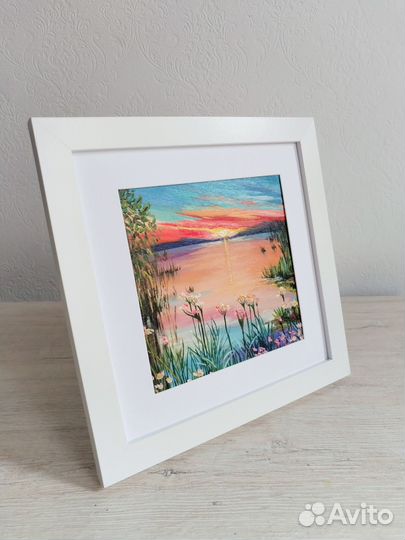 Картина маслом Летний пейзаж Закат над озером