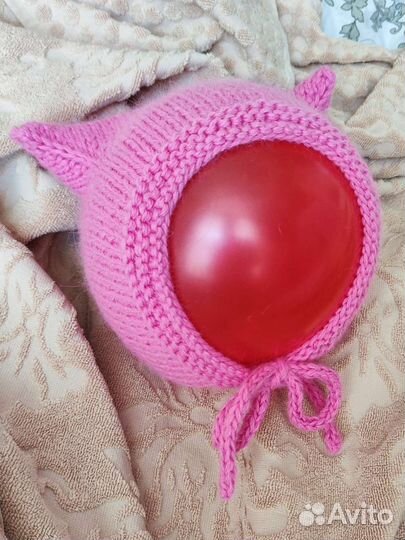 Шапка чепчик вязаный с ушками рожками детский