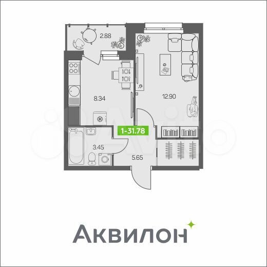 1-к. квартира, 31,8 м², 3/8 эт.