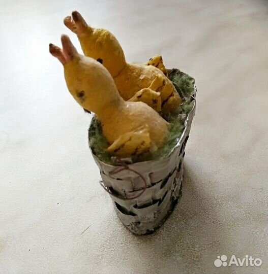 Ватная елочная игрушка СССР Птенцы в гнезде